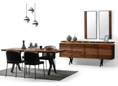 Completo set da pranzo marrone e nero con tavolo da pranzo in legno e sedie imbottite.