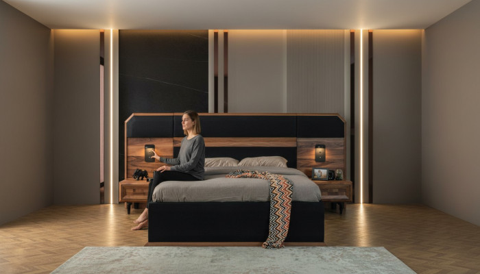Marrone-nero set da camera da letto in legno, letto matrimoniale con 2 comodini, 3 pezzi.