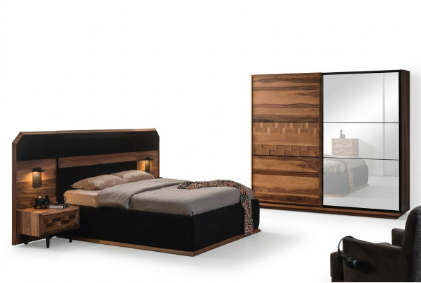 Eccellente set da camera da letto, pregiato letto matrimoniale con 2 comodini in legno.