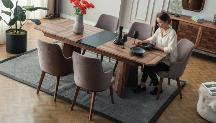 Completo gruppo da pranzo con design Essecke Tavolo da pranzo in legno 6x sedie imbottite.