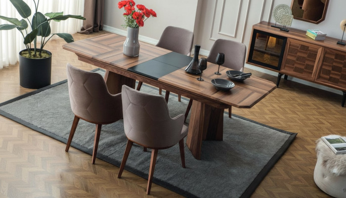 Completo gruppo da pranzo con design Essecke Tavolo da pranzo in legno 6x sedie imbottite.