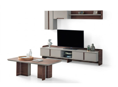 Elegante set da parete per soggiorno con supporto TV designer in legno e tavolino.