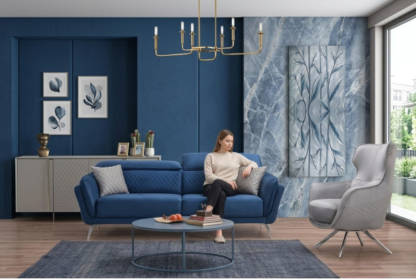 Divano esclusivo Tre posti blu Poltrona design Mobili imbottiti