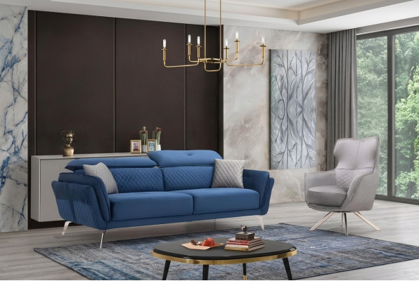 Divano esclusivo Tre posti blu Poltrona design Mobili imbottiti