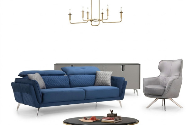 Divano esclusivo Tre posti blu Poltrona design Mobili imbottiti