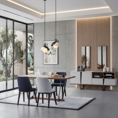 Tavolo da pranzo completo per sala da pranzo 2 pezzi, credenza e tavolo da pranzo bianco in legno
