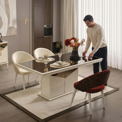 Tavolo da pranzo Tavolo Sala da pranzo Angolo pranzo Beige Legno Oro Lusso  Tavolo da pranzo Tavolo Sala da pranzo Angolo pranzo Beige Legno Oro Lusso