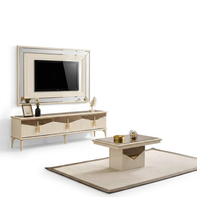 Mobile TV Gold 3 pezzi Beige con pannello TV e tavolino da salotto.