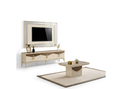 Mobile TV Gold 3 pezzi Beige con pannello TV e tavolino da salotto.