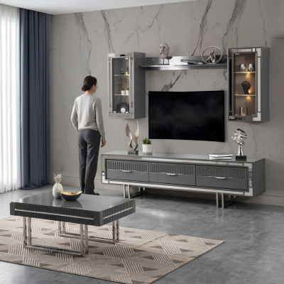 Set di mobili TV con supporto per TV, armadi, tavolino da caffè, tavolino RTV, 3 pezzi grigio