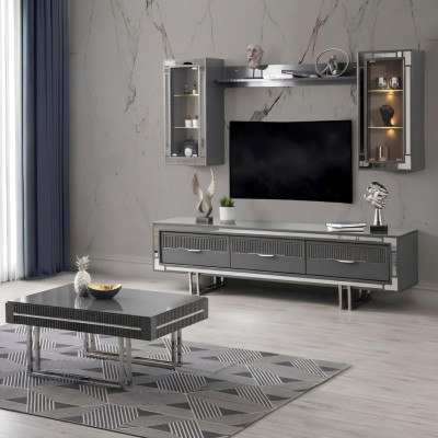 Set di mobili TV con supporto per TV, armadi, tavolino da caffè, tavolino RTV, 3 pezzi grigio