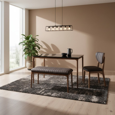 Zona pranzo Set da pranzo Sala da pranzo Tavolo Sedie 6 pz Marrone Panchina Tessuto Legno
