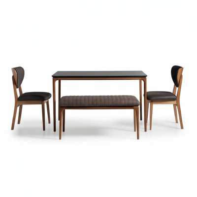 Zona pranzo Set da pranzo Sala da pranzo Tavolo Sedie 6 pz Marrone Panchina Tessuto Legno