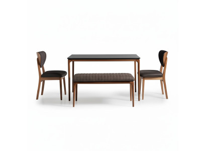 Zona pranzo Set da pranzo Sala da pranzo Tavolo Sedie 6 pz Marrone Panchina Tessuto Legno