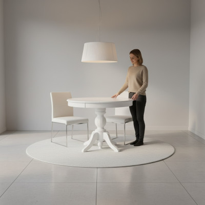 Tavolo rotondo allungabile in legno bianco per sala da pranzo.