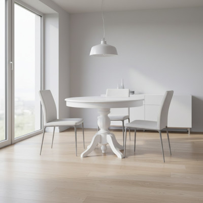 Tavolo rotondo allungabile in legno bianco per sala da pranzo.