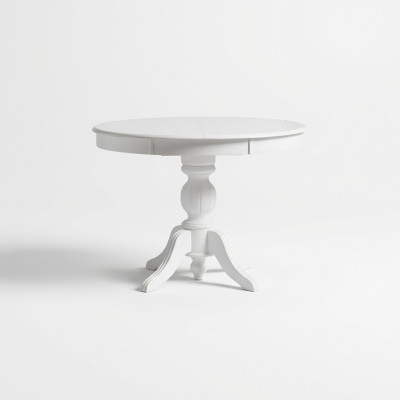 Tavolo rotondo allungabile in legno bianco per sala da pranzo.