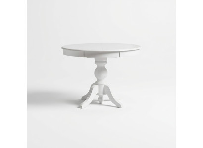 Tavolo rotondo allungabile in legno bianco per sala da pranzo.