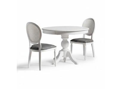 Gruppo da pranzo di lusso Sala da pranzo Tavolo da pranzo rotondo Sedie 3 pezzi Bianco Tessuto Legno