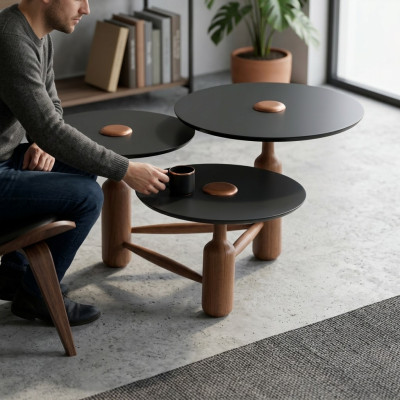 Tavolino da salotto completo in legno marrone.