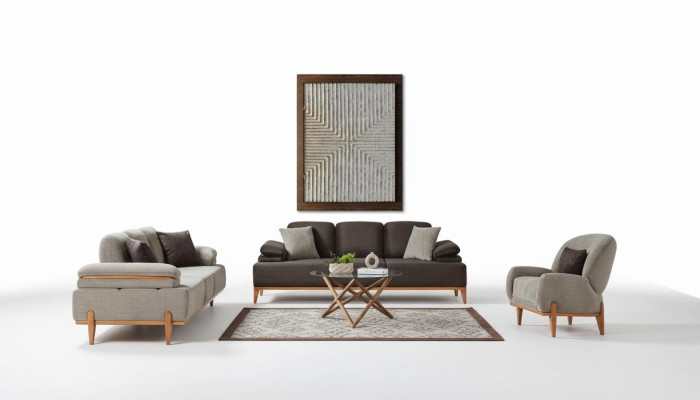 Completo soggiorno grigio-marrone, divani imbottiti e poltroncine 3 pezzi