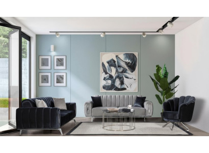 Sofà in acciaio inossidabile grigio-nero, imbottiti di design, set di 3 pezzi con divano a tre posti e poltrona.