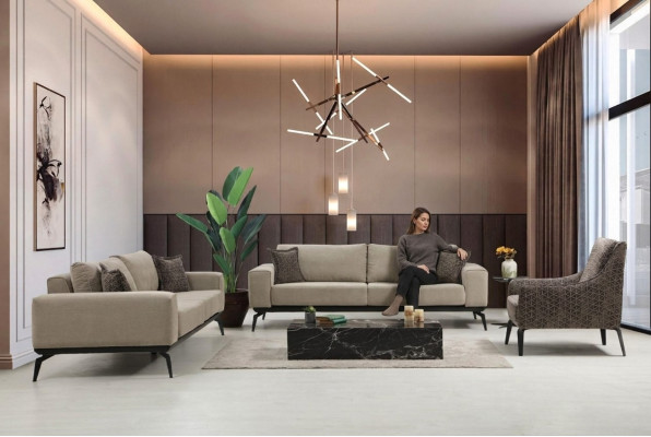 Divani in tessuto beige Set completo Divano a tre posti Poltrone.FixedSingleStoffsofas Komplette Garnitur Dreisitzer Polstersofas Lehnsessel