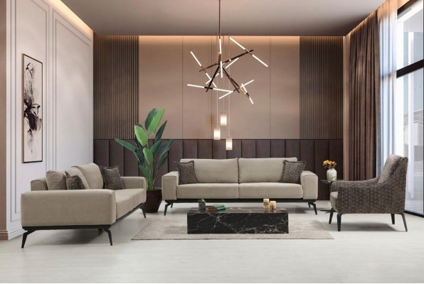 Divani in tessuto beige Set completo Divano a tre posti Poltrone.FixedSingleStoffsofas Komplette Garnitur Dreisitzer Polstersofas Lehnsessel