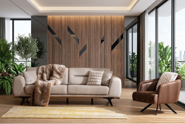 Divano classico in tessuto beige, divano a tre posti e poltrona assortita.