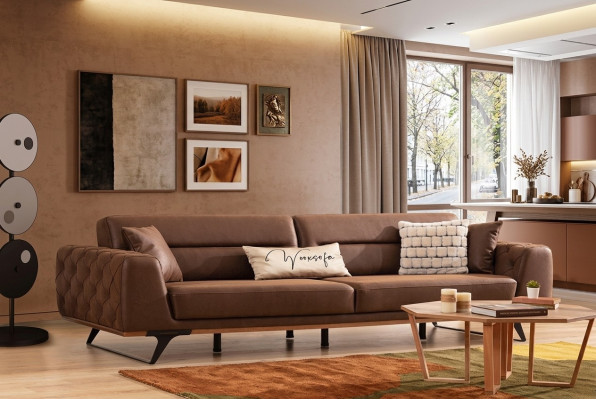 Chesterfield divano a 4 posti in ecopelle marrone.