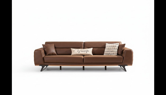 Chesterfield divano a 4 posti in ecopelle marrone.