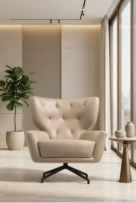 Poltrona moderna singola in pelle color marrone.