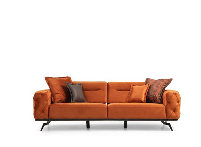 Divano a tre posti arancione Chesterfield in tessuto imbottito.