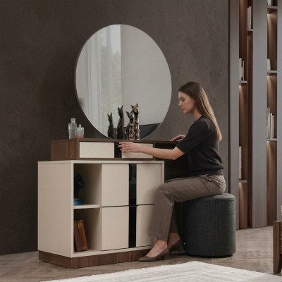 Tavolo da toeletta, tavolo cosmetico, mobile da toeletta, cassettiera da toeletta beige specchio