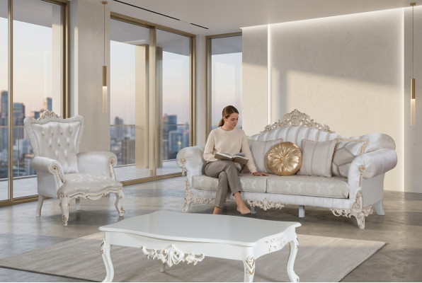 Set di divani di lusso per il soggiorno in stile classico nel colore bianco.