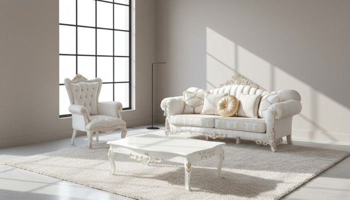 Set di divani di lusso per il soggiorno in stile classico nel colore bianco.