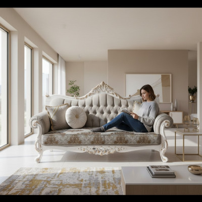 Sofà classico con design Chesterfield per l'area soggiorno Area soggiorno grigia