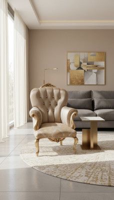 Poltrona classica con decorazione beige e design Chesterfield per il soggiorno.