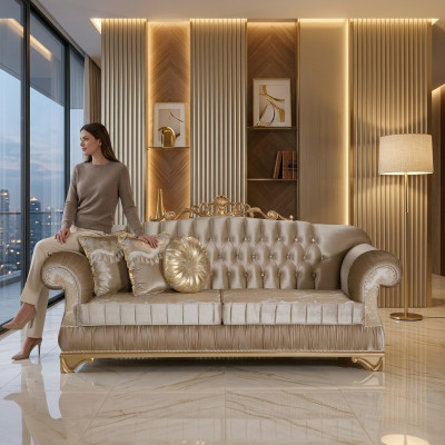 Comodo divano in stile classico con design e decorazioni uniche.