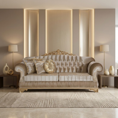 Comodo divano in stile classico con design e decorazioni uniche.