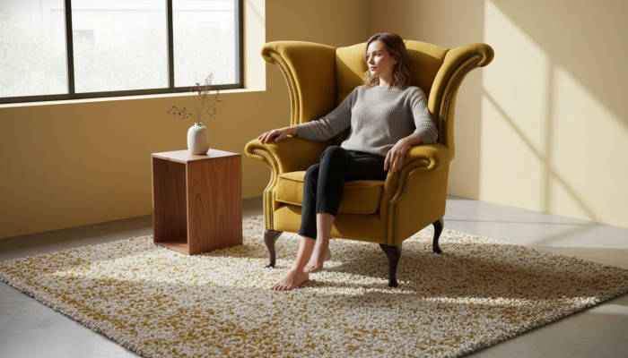 Poltrona gialla con braccioli design Chesterfield in tessuto di lusso