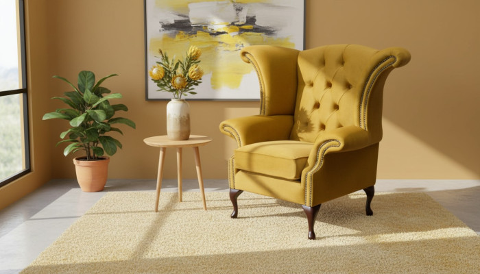 Poltrona gialla con braccioli design Chesterfield in tessuto di lusso
