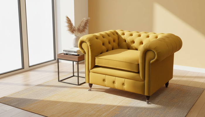 Poltrona Design Relax in Tessuto Lounge di Lusso Gialla Chesterfield