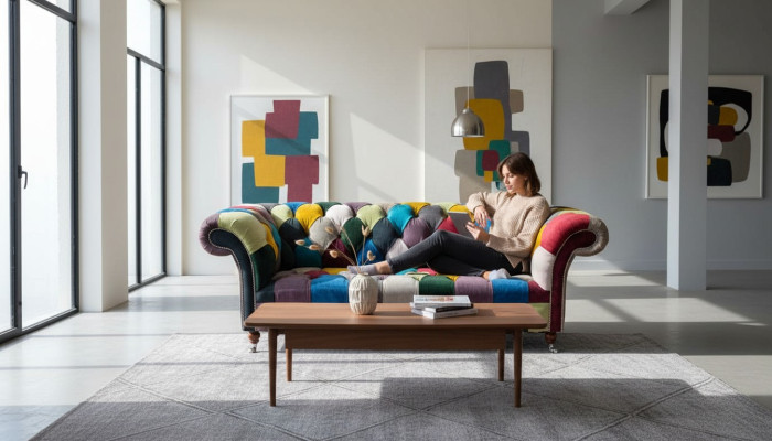 Divano Chesterfield Design Imbottito Multicolore Sedile in Tessuto Divano Soggiorno