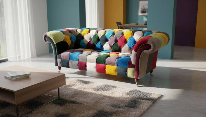 Divano Chesterfield Design Imbottito Multicolore Sedile in Tessuto Divano Soggiorno