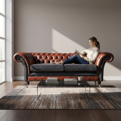 Sofà moderno 3 posti color marrone in stile Chesterfield per soggiorno, in pelle e tessuto, nuovo.