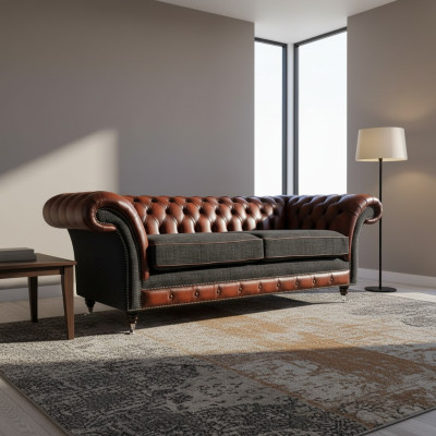 Sofà moderno 3 posti color marrone in stile Chesterfield per soggiorno, in pelle e tessuto, nuovo.