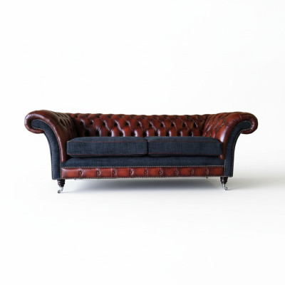 Sofà moderno 3 posti color marrone in stile Chesterfield per soggiorno, in pelle e tessuto, nuovo.