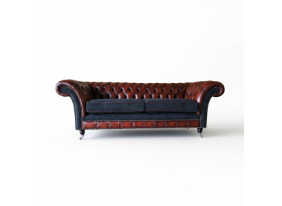 Sofà moderno 3 posti color marrone in stile Chesterfield per soggiorno, in pelle e tessuto, nuovo.