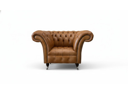Sedia poltrona da salotto in stile classico Chesterfield con rivestimento in tessuto di lusso.